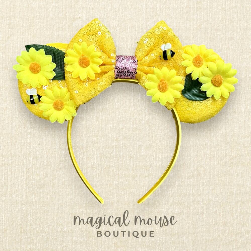 Yellow Sequin Daisy Bee Flower & Garden Minnie Ears | Disney-Inspired Mouse Ears